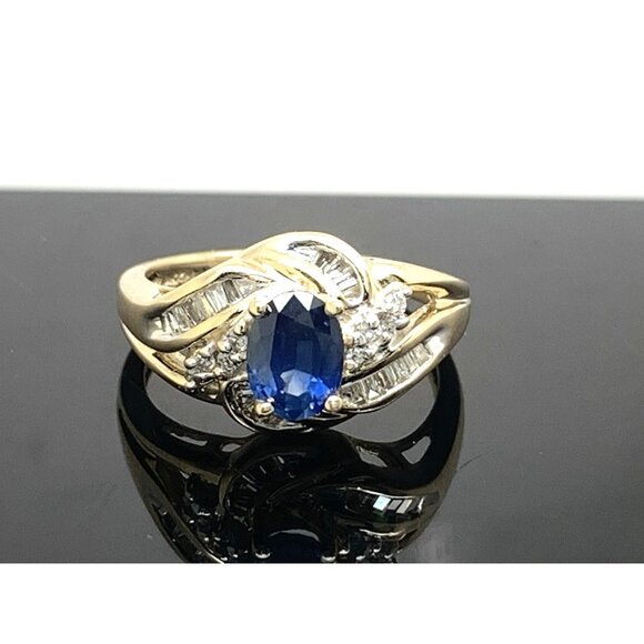 Blue Gemstone Diamond Cocktail Ring 14k Yellow Gold Estate Women's Size 7